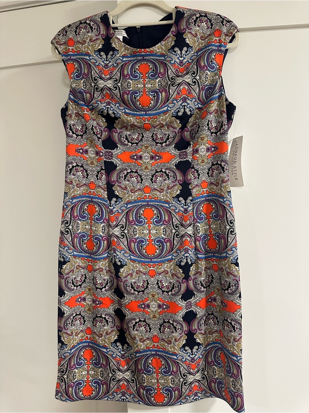 London Style - Navy & Orange Paisley Midi Sheath Dress, NWT